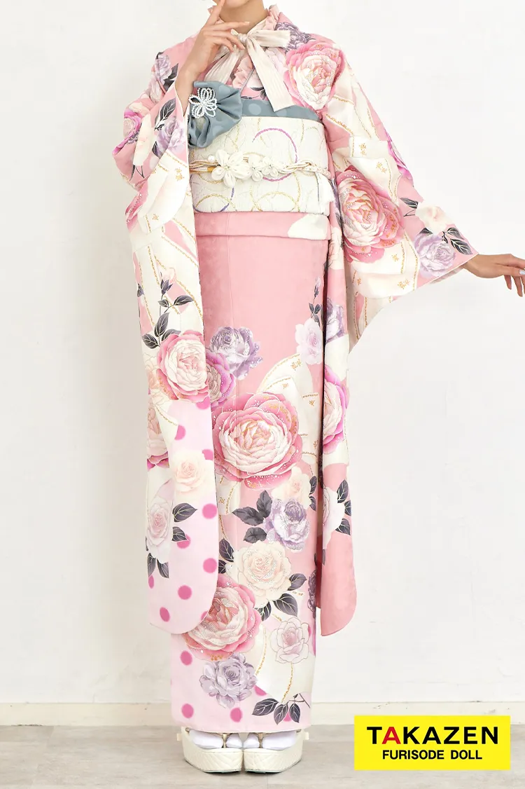 キュートガーリー　淡色ピンク　バラ柄　写真映え　ゆるふわ　可愛いデザイン　振袖ネットレンタル　22053