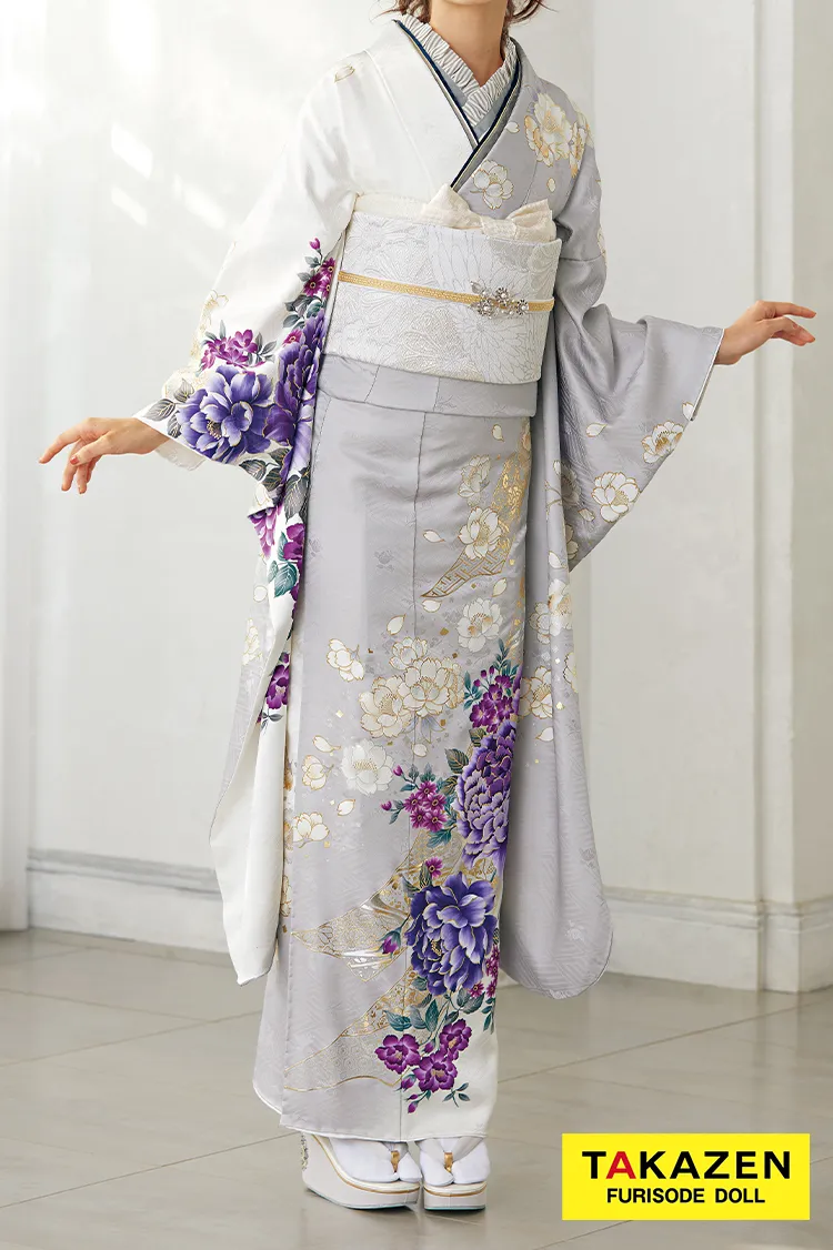 くすみカラー古典　グレー/白/紫　ボタン柄　淡い色　ダスティーカラー　シンプル　大人っぽい　片身変わり　バイカラー　24024