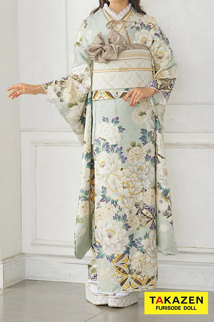 くすみカラー古典 ミントグリーン/淡色 牡丹柄 ダスティーカラー 大人