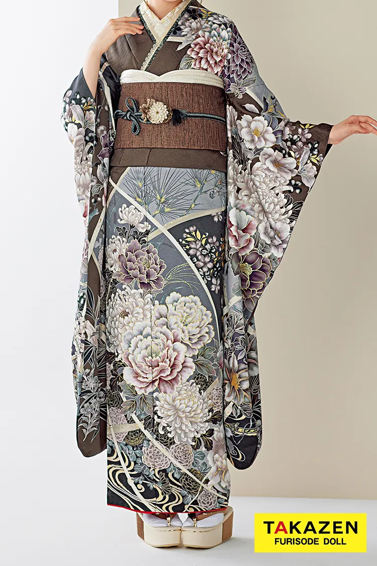 くすみカラー古典　グレー/ブラウン/ダスティーカラー　牡丹柄　大人っぽい　柄多め　かっこいい振袖　25023