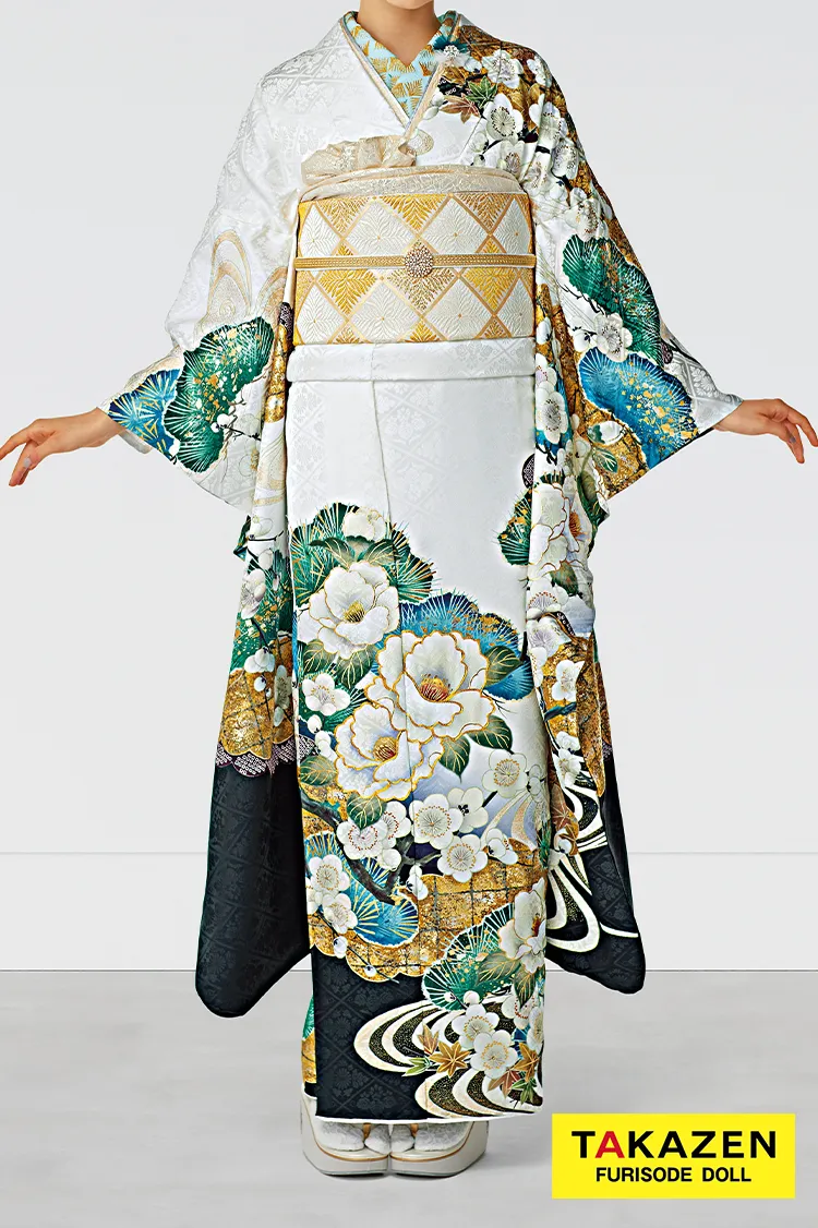 正統派古典　白地/緑/金　椿柄/流水模様　シンプル　大人っぽい　清楚　低身長さんにおすすめ振袖　25062