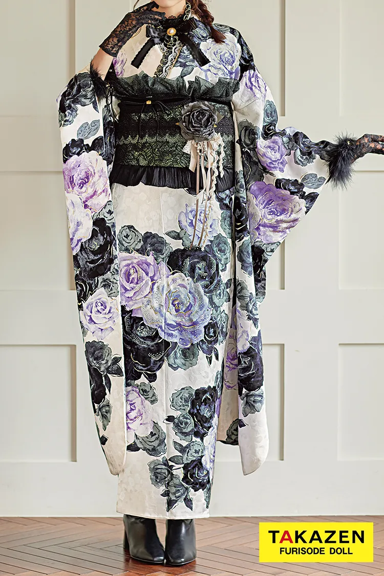 ヘップバーン　白/紫/グレー　バラ柄　エレガント　セレブ　ブーツコーデ　スワロフスキー付き　おしゃれ　量産型振袖　31001