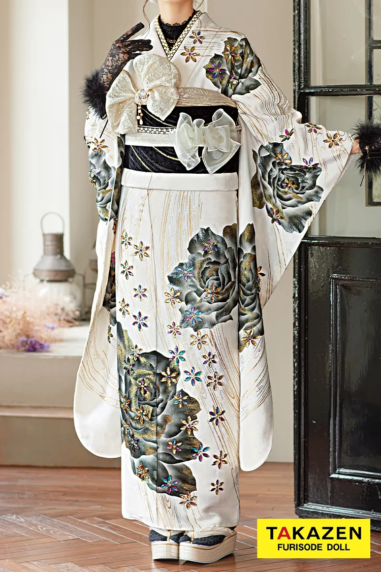 最高級ヘップバーン　白/グレー　バラ柄　エレガント振袖　セレブ　ヒールコーデ　キラキラビジュー付き　レースインナーコーデ　31009