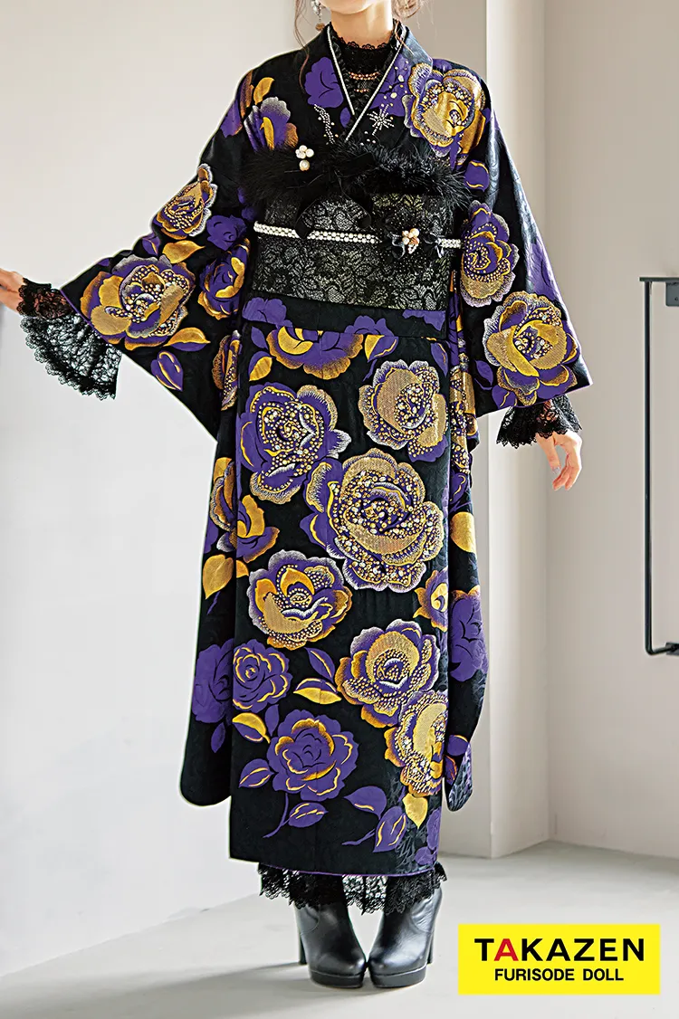 高級ヘップバーン　紫/黒　薔薇柄　ゴージャス　派手　エレガント　セレブ　ブーツコーデ　キラキラスワロフスキー　レースインナー　32029