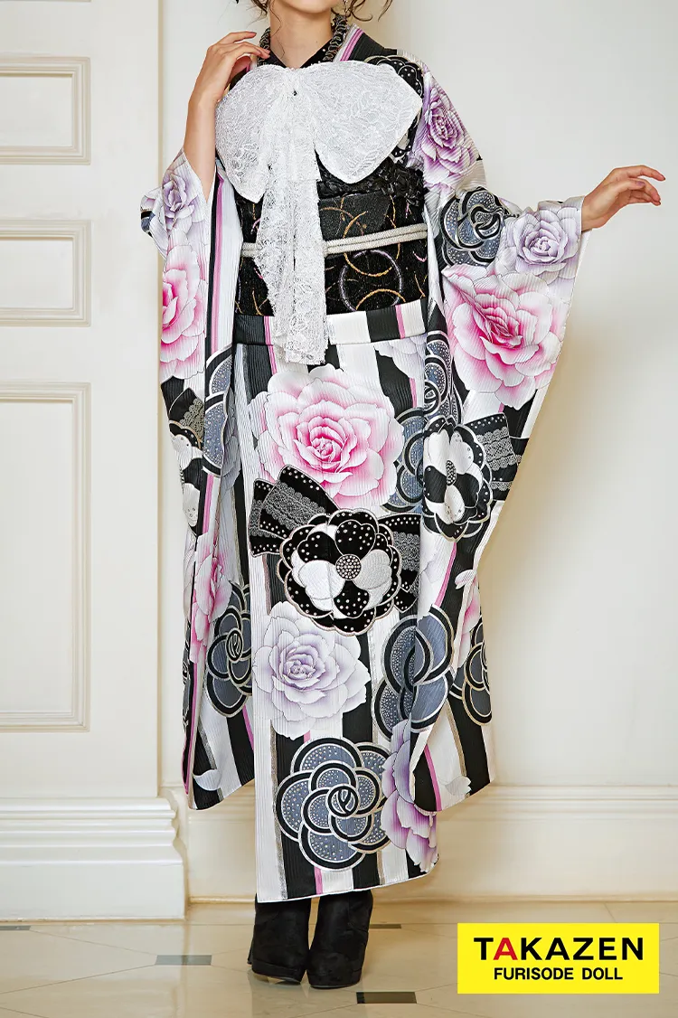 ヘップバーン　白/黒/ピンク　カメリア柄/ストライプ　お洒落　地雷系　洋風振袖　ブーツコーデ　セレブ　キラキラスワロフスキー付き振　32032