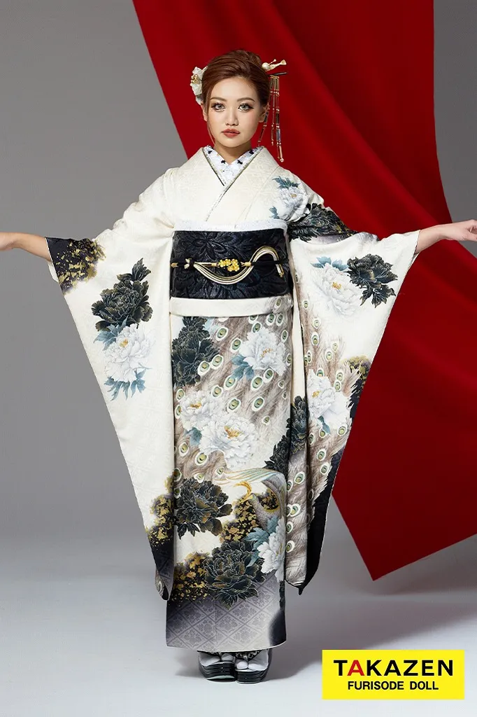 ジャパンモード　白/グレー　孔雀柄　シック　渋い　かっこいい振袖　粋　ギャル　大人っぽい　花魁風　中村りおん　32146