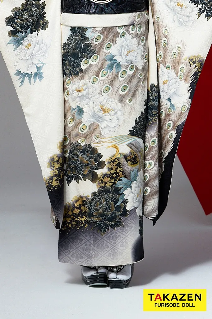 ジャパンモード　白/グレー　孔雀柄　シック　渋い　かっこいい振袖　粋　ギャル　大人っぽい　花魁風　中村りおん　32146