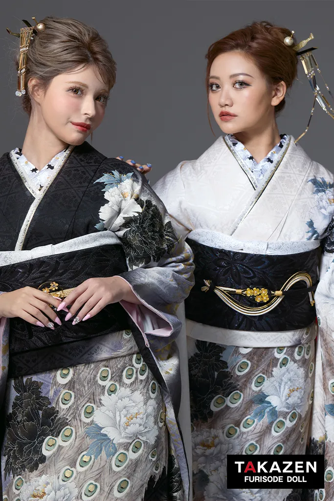 ジャパンモード　白/グレー　孔雀柄　シック　渋い　かっこいい振袖　粋　ギャル　大人っぽい　花魁風　中村りおん　32146