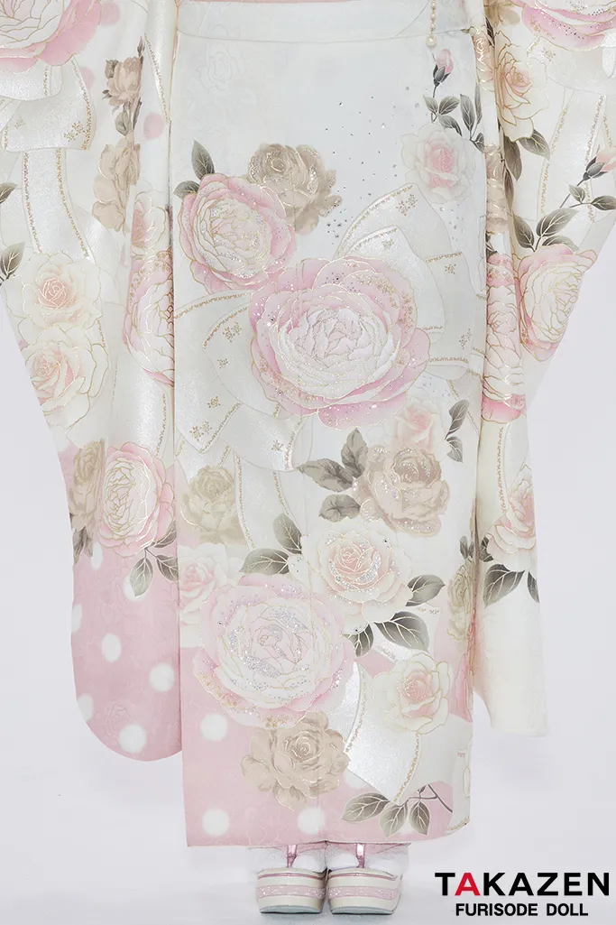 ヘップバーンシャネルカラー　白/ピンク　バラ/リボン柄　かわいい　スワロフスキー付き　レースインナー/ヒールコーデ　南琴奈　24001