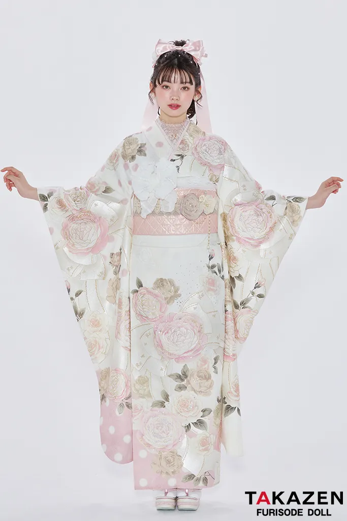 ヘップバーンシャネルカラー　白/ピンク　バラ/リボン柄　かわいい　スワロフスキー付き　レースインナー/ヒールコーデ　南琴奈　24001