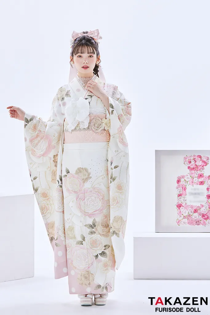 ヘップバーンシャネルカラー　白/ピンク　バラ/リボン柄　かわいい　スワロフスキー付き　レースインナー/ヒールコーデ　南琴奈　24001