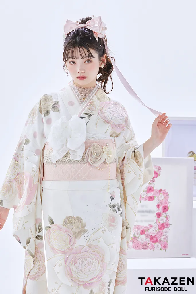 ヘップバーンシャネルカラー　白/ピンク　バラ/リボン柄　かわいい　スワロフスキー付き　レースインナー/ヒールコーデ　南琴奈　24001