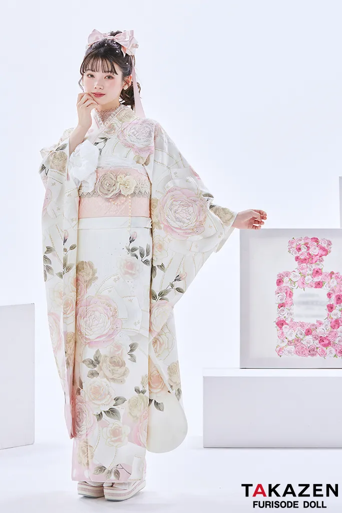 ヘップバーンシャネルカラー　白/ピンク　バラ/リボン柄　かわいい　スワロフスキー付き　レースインナー/ヒールコーデ　南琴奈　24001