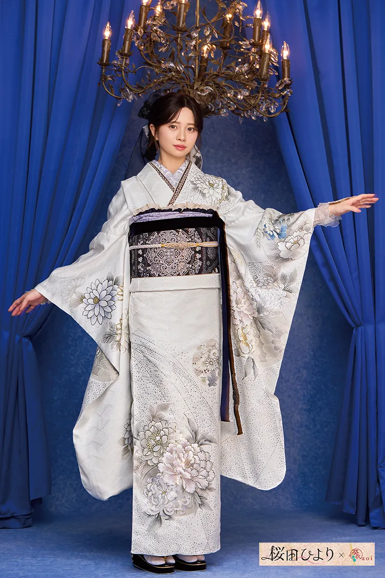 桜田ひよりブランド振袖　くすみカラー　ニュアンスカラー　シンプル　すっきり　グリッター付き　キラキラ振袖ネットレンタル　K1285