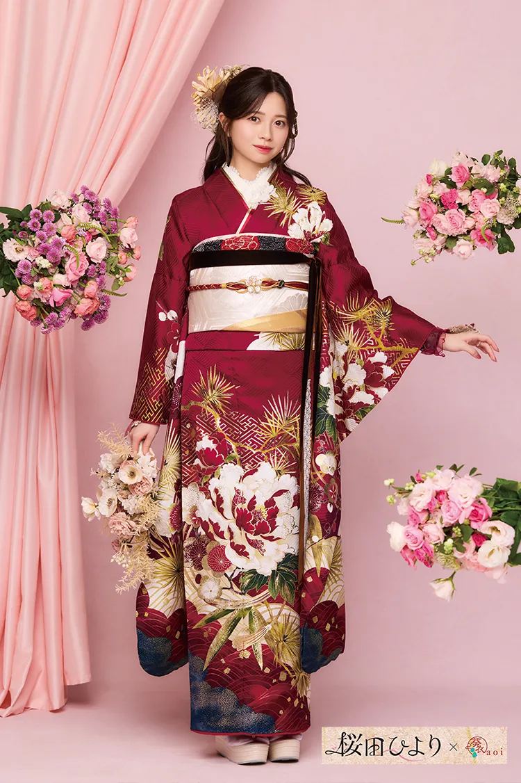 桜田ひよりブランド振袖ネットレンタル　正統派古典　エンジ　豪華　上品　大人っぽい　きれいめ　和柄　K1288