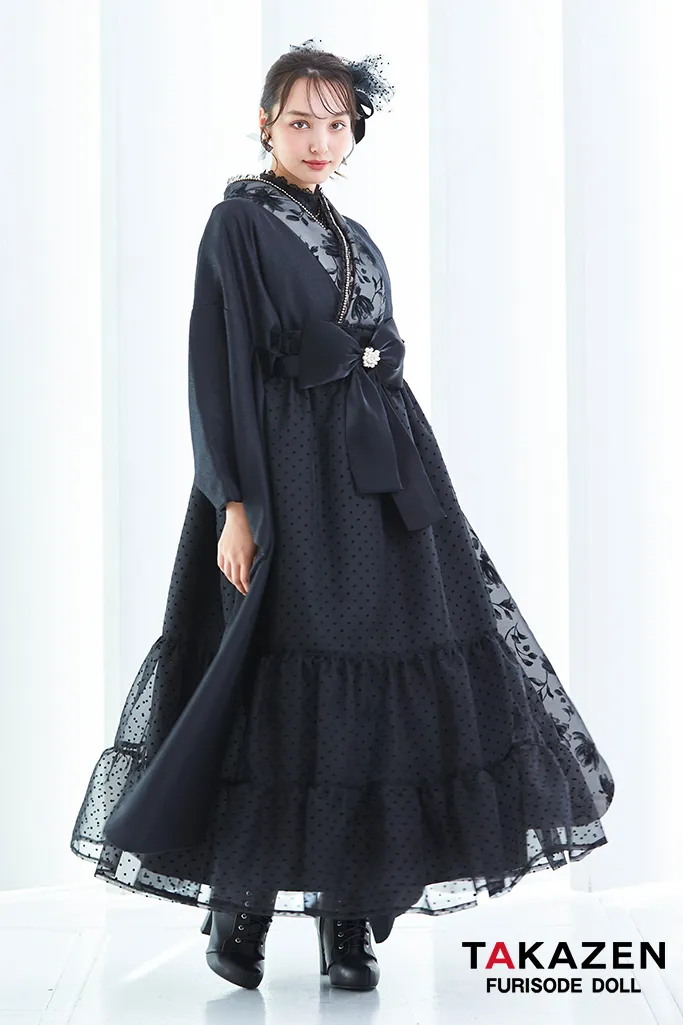 ヴィンテージスタイル袴　黒/ブラック　ラメ入り生地/フロッキー生地　おしゃれ　スタイリッシュ　リボン付きドレス袴ネットレンタル　香川るな　LH4