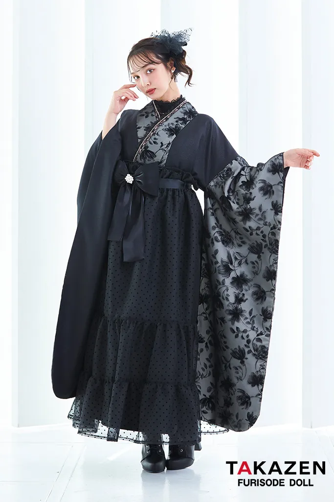 ヴィンテージスタイル袴　黒/ブラック　ラメ入り生地/フロッキー生地　おしゃれ　スタイリッシュ　リボン付きドレス袴ネットレンタル　香川るな　LH4