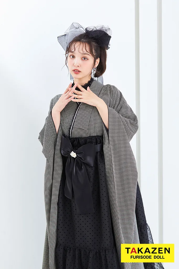ヴィンテージスタイル袴　黒/グレー　千鳥柄　モノトーン　おしゃれ　アンティーク調　ガーリー　リボン付きドレス袴ネットレンタル　香川るな　LH7