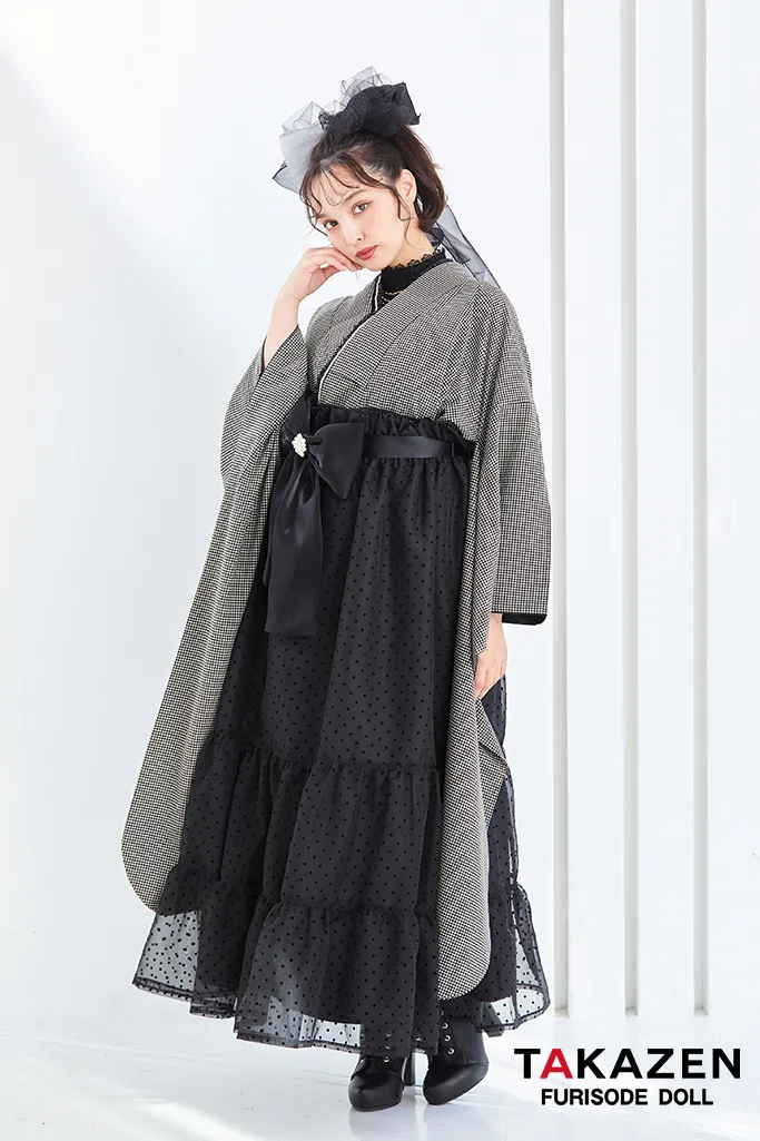 ヴィンテージスタイル袴　黒/グレー　千鳥柄　モノトーン　おしゃれ　アンティーク調　ガーリー　リボン付きドレス袴ネットレンタル　香川るな　LH7