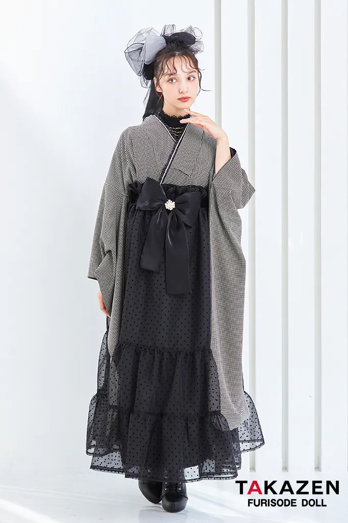 ヴィンテージスタイル袴　黒/グレー　千鳥柄　モノトーン　おしゃれ　アンティーク調　ガーリー　リボン付きドレス袴ネットレンタル　香川るな　LH7