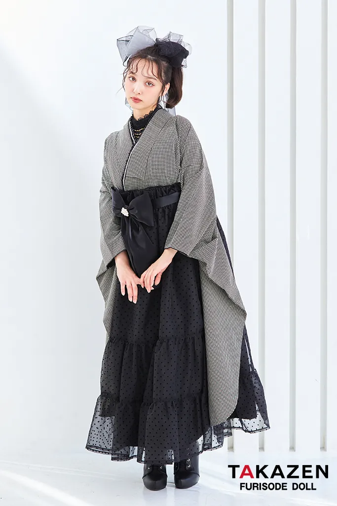 ヴィンテージスタイル袴　黒/グレー　千鳥柄　モノトーン　おしゃれ　アンティーク調　ガーリー　リボン付きドレス袴ネットレンタル　香川るな　LH7