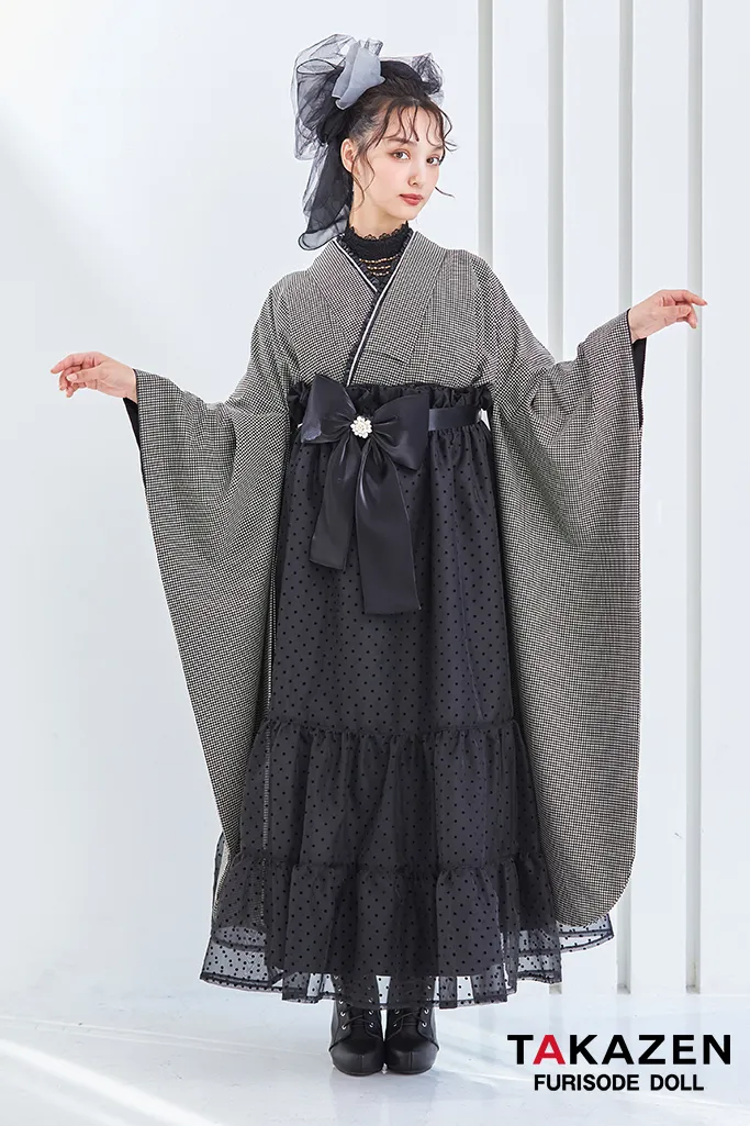 ヴィンテージスタイル袴　黒/グレー　千鳥柄　モノトーン　おしゃれ　アンティーク調　ガーリー　リボン付きドレス袴ネットレンタル　香川るな　LH7