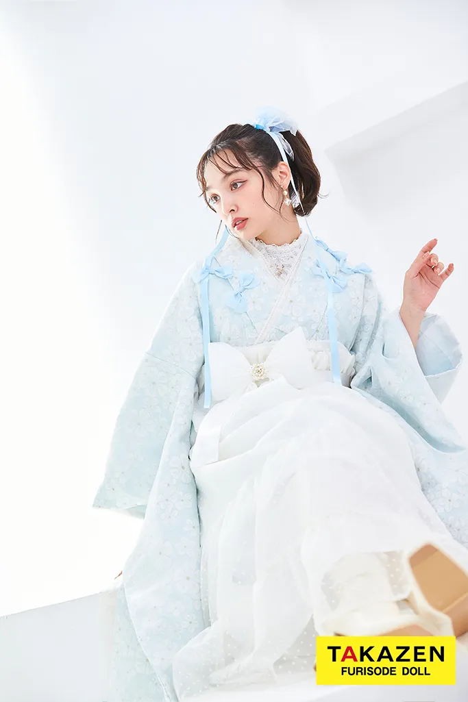 キュート＆ガーリー袴　水色　リボン付き　かわいい　オーガンジー　レースインナーコーデ　香川るな　リボン付きドレス袴ネットレンタル　　LH9