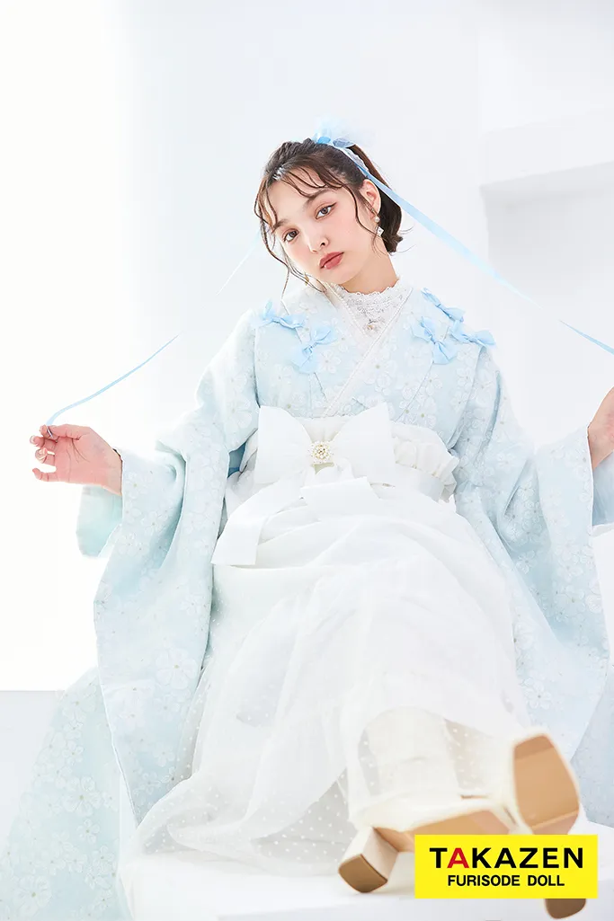 キュート＆ガーリー袴　水色　リボン付き　かわいい　オーガンジー　レースインナーコーデ　香川るな　リボン付きドレス袴ネットレンタル　　LH9