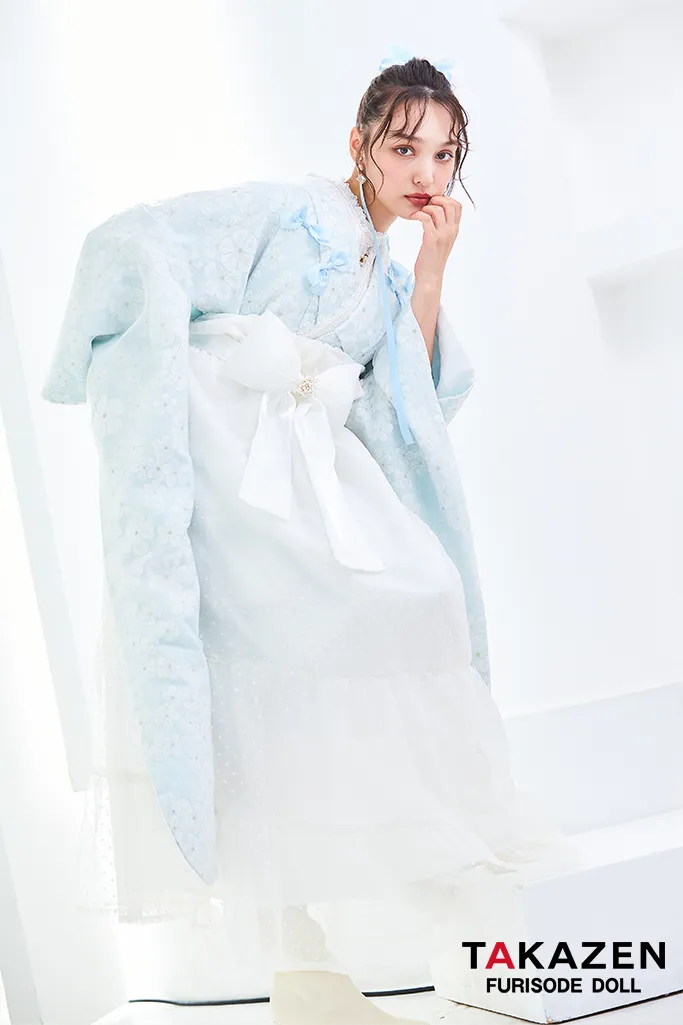 キュート＆ガーリー袴　水色　リボン付き　かわいい　オーガンジー　レースインナーコーデ　香川るな　リボン付きドレス袴ネットレンタル　　LH9