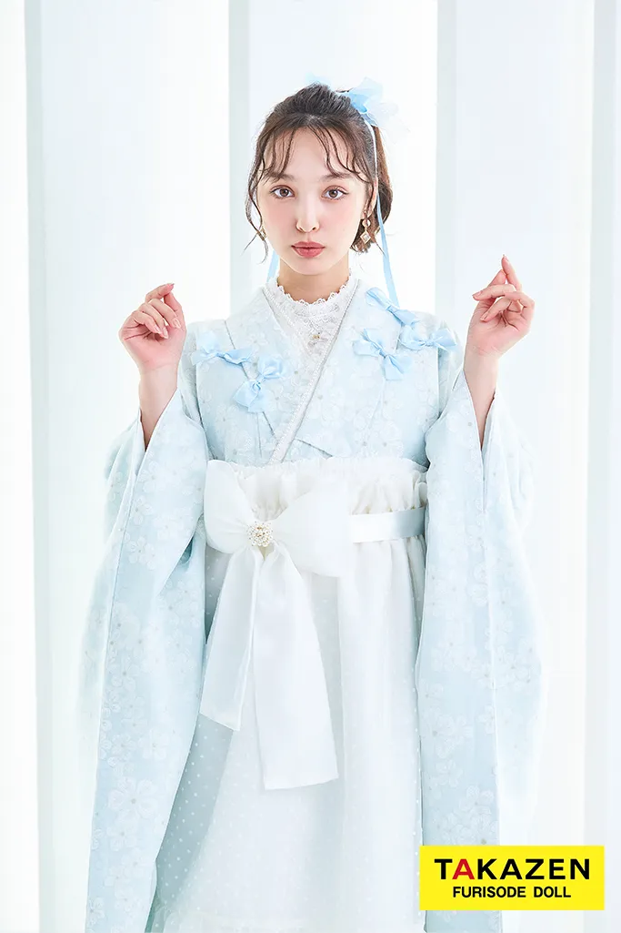 キュート＆ガーリー袴　水色　リボン付き　かわいい　オーガンジー　レースインナーコーデ　香川るな　リボン付きドレス袴ネットレンタル　　LH9