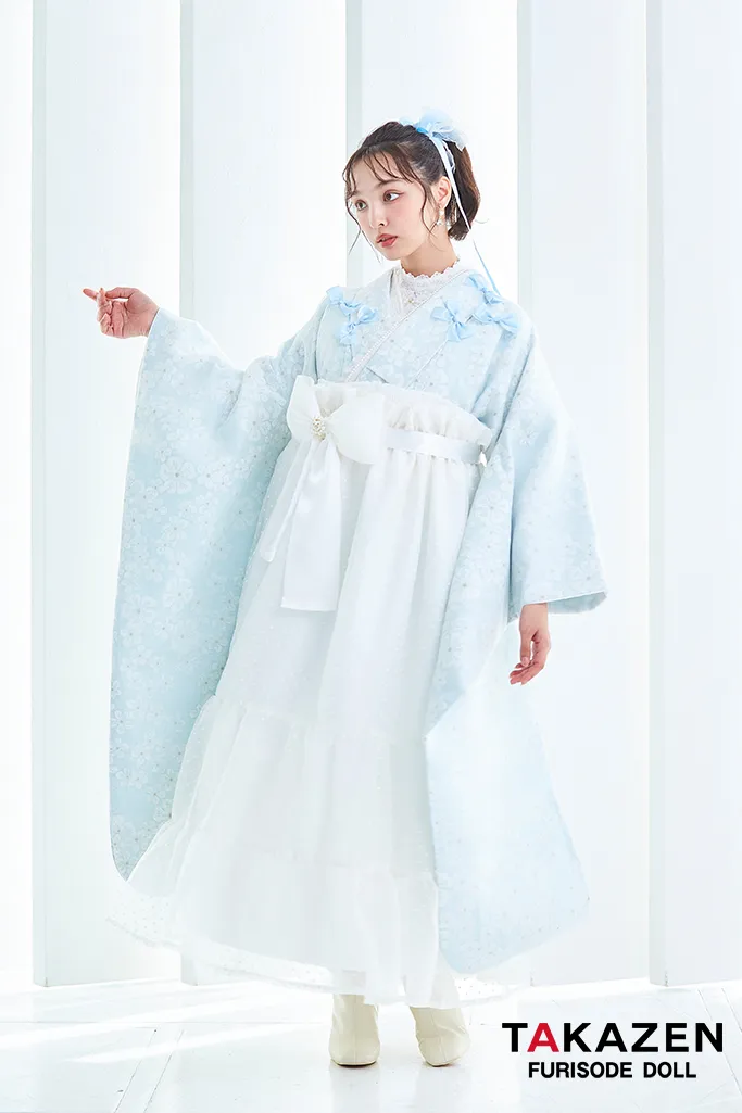 キュート＆ガーリー袴　水色　リボン付き　かわいい　オーガンジー　レースインナーコーデ　香川るな　リボン付きドレス袴ネットレンタル　　LH9