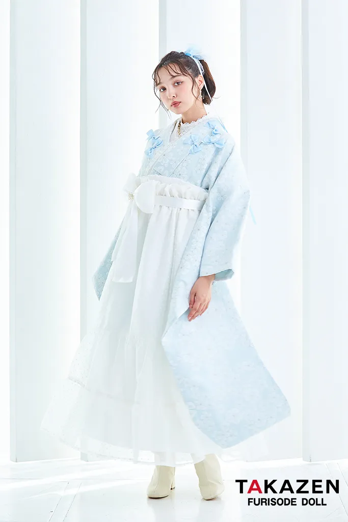 キュート＆ガーリー袴　水色　リボン付き　かわいい　オーガンジー　レースインナーコーデ　香川るな　リボン付きドレス袴ネットレンタル　　LH9