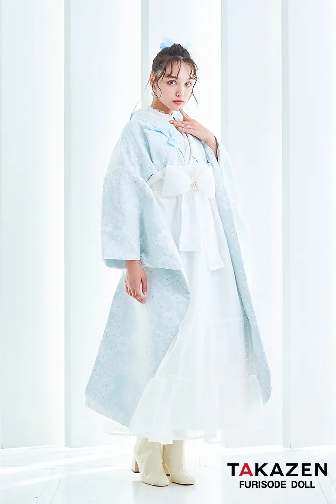 キュート＆ガーリー袴　水色　リボン付き　かわいい　オーガンジー　レースインナーコーデ　香川るな　リボン付きドレス袴ネットレンタル　　LH9