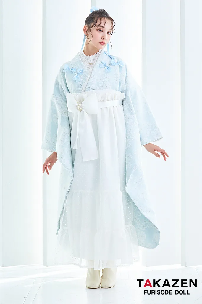 キュート＆ガーリー袴　水色　リボン付き　かわいい　オーガンジー　レースインナーコーデ　香川るな　リボン付きドレス袴ネットレンタル　　LH9