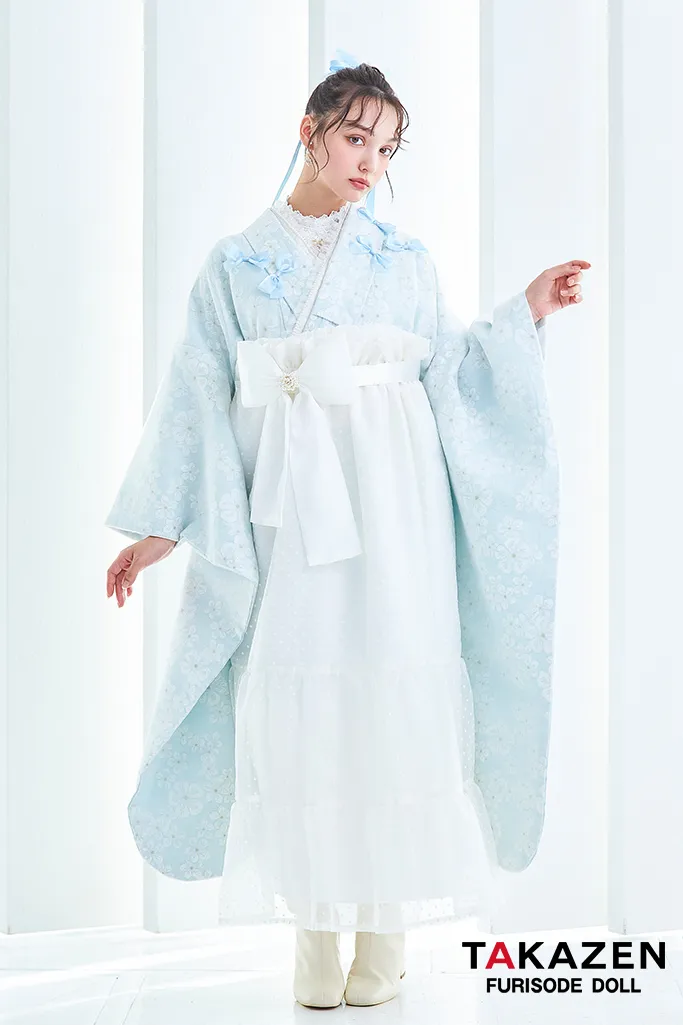 キュート＆ガーリー袴　水色　リボン付き　かわいい　オーガンジー　レースインナーコーデ　香川るな　リボン付きドレス袴ネットレンタル　　LH9