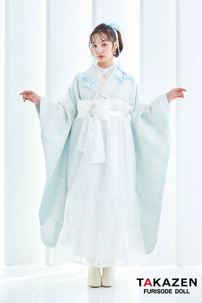 キュート＆ガーリー袴　水色　リボン付き　かわいい　オーガンジー　レースインナーコーデ　香川るな　リボン付きドレス袴ネットレンタル　　LH9