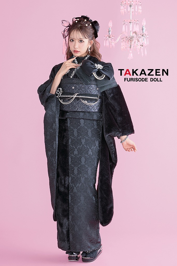 最新作ヘップバーンシュシュ　黒　ファー/ジャガード生地　リボン・キラキラパーツ付き　ふわふわ振袖　人とかぶらない　セレブ　伊藤桃々　かわいい振袖ネットレンタル　26014