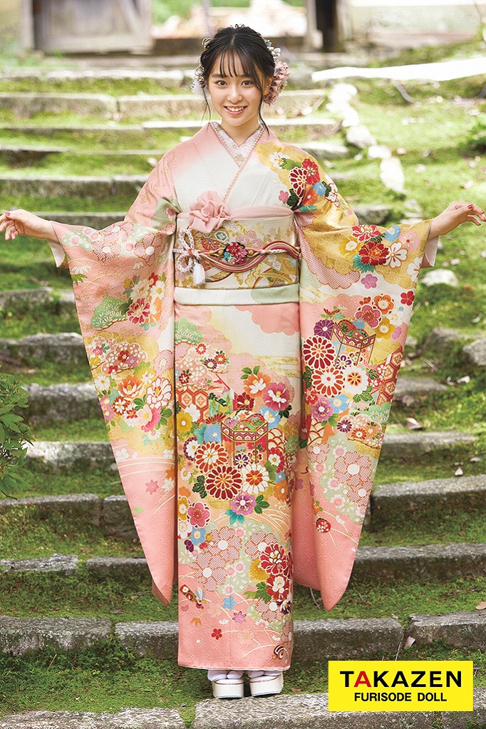 最高級古典柄振袖　吉澤織物/振袖美術館　白/ピンク/淡い色　貝桶柄　はんなり可愛い　清楚　おしとやかな振袖ネットレンタル　藤岡舞衣　23026