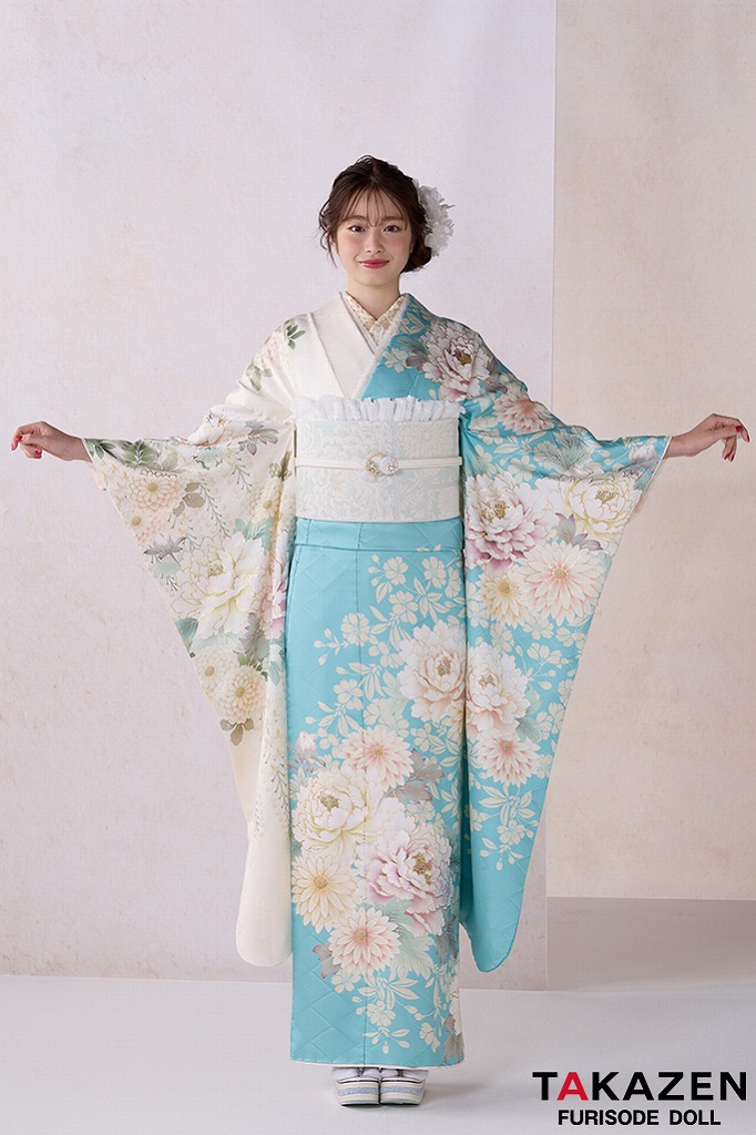 正統派古典　水色/白　牡丹柄/菊柄　かわいい　淡い色　今どき　方身代わり　爽やか　綺麗　葛西杏也菜　26020
