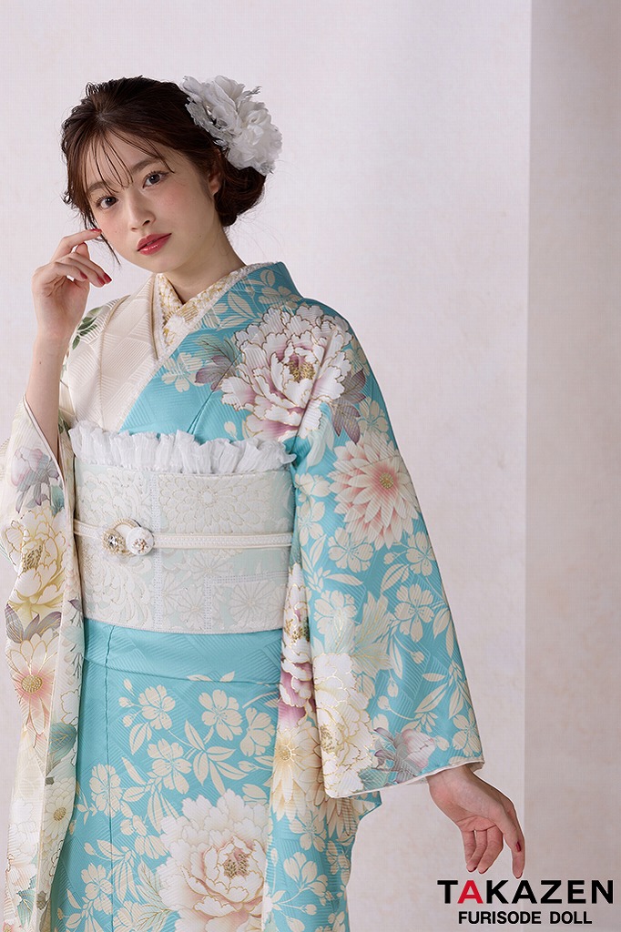 正統派古典　水色/白　牡丹柄/菊柄　かわいい　淡い色　今どき　方身代わり　爽やか　綺麗　葛西杏也菜　26020