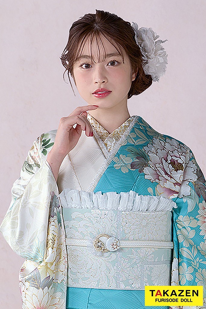 正統派古典　水色/白　牡丹柄/菊柄　かわいい　淡い色　今どき　方身代わり　爽やか　綺麗　葛西杏也菜　26020