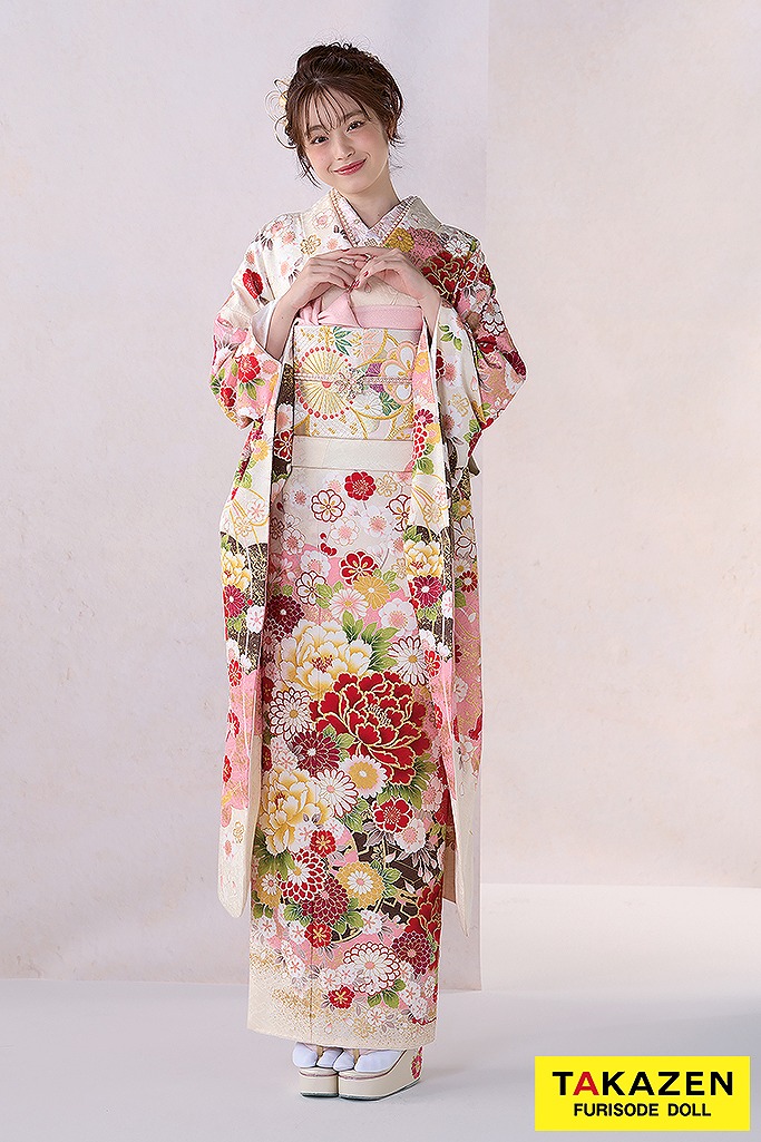 正統派古典　白ピンク　牡丹柄　かわいい　金彩刺繍京友禅　女の子らしい　人気　伝統的　葛西杏也菜　32051