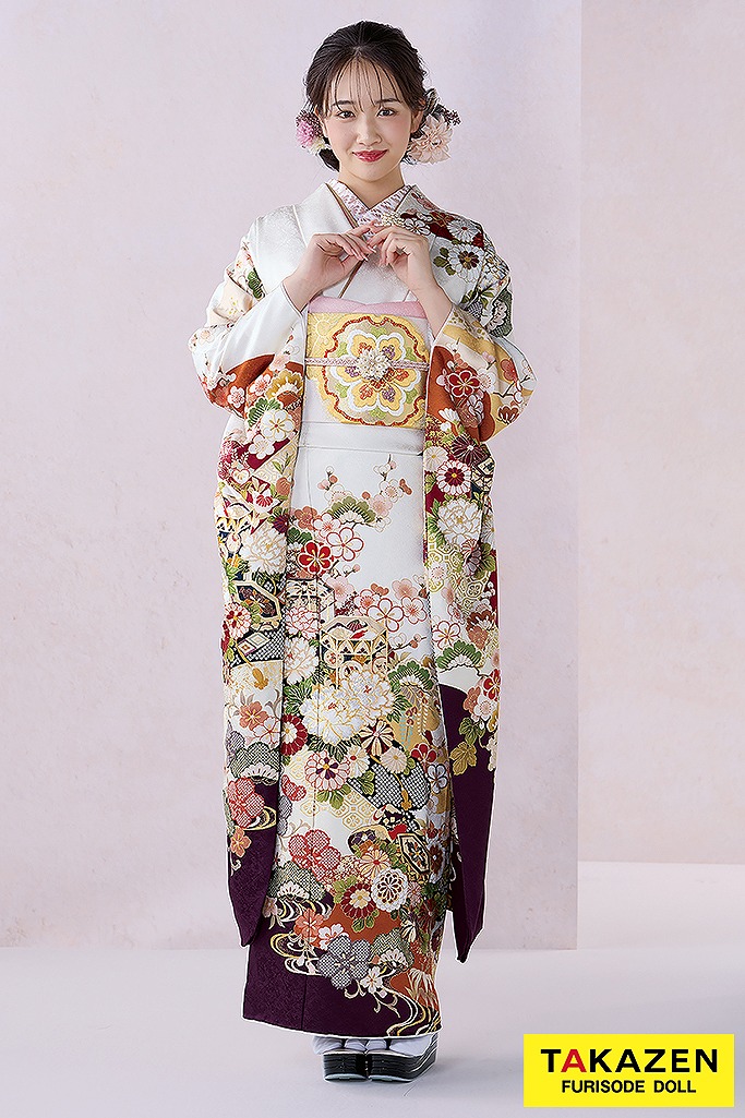 正統派古典　白/エンジ　貝桶柄/菊柄　上品　大人っぽい　清楚な振袖　おしとやか　天翔愛　26076