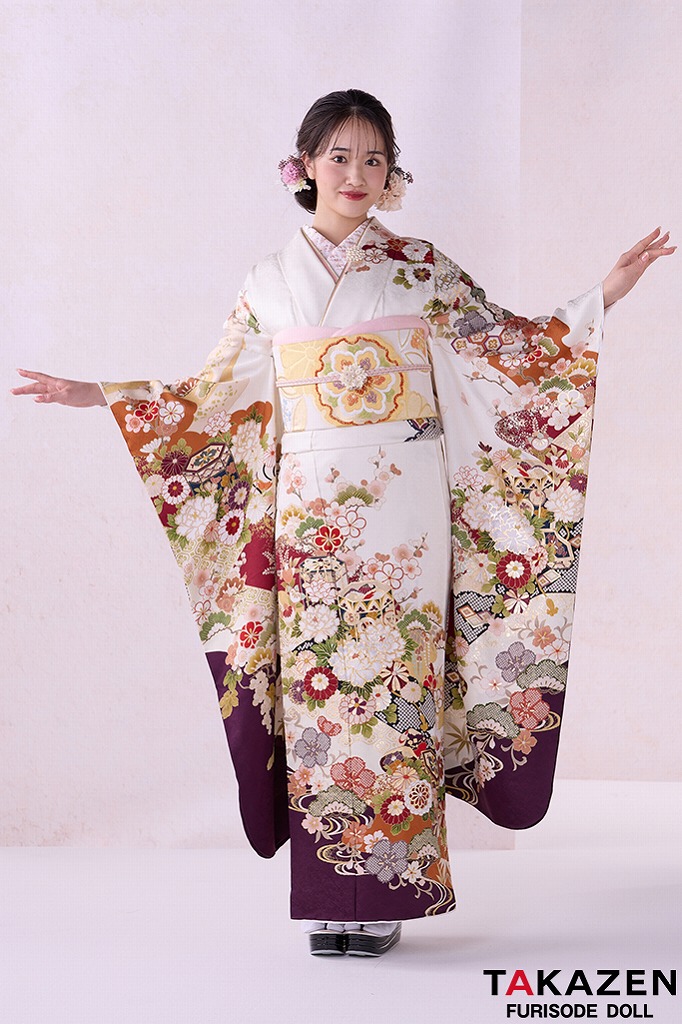 正統派古典　白/エンジ　貝桶柄/菊柄　上品　大人っぽい　清楚な振袖　おしとやか　天翔愛　26076