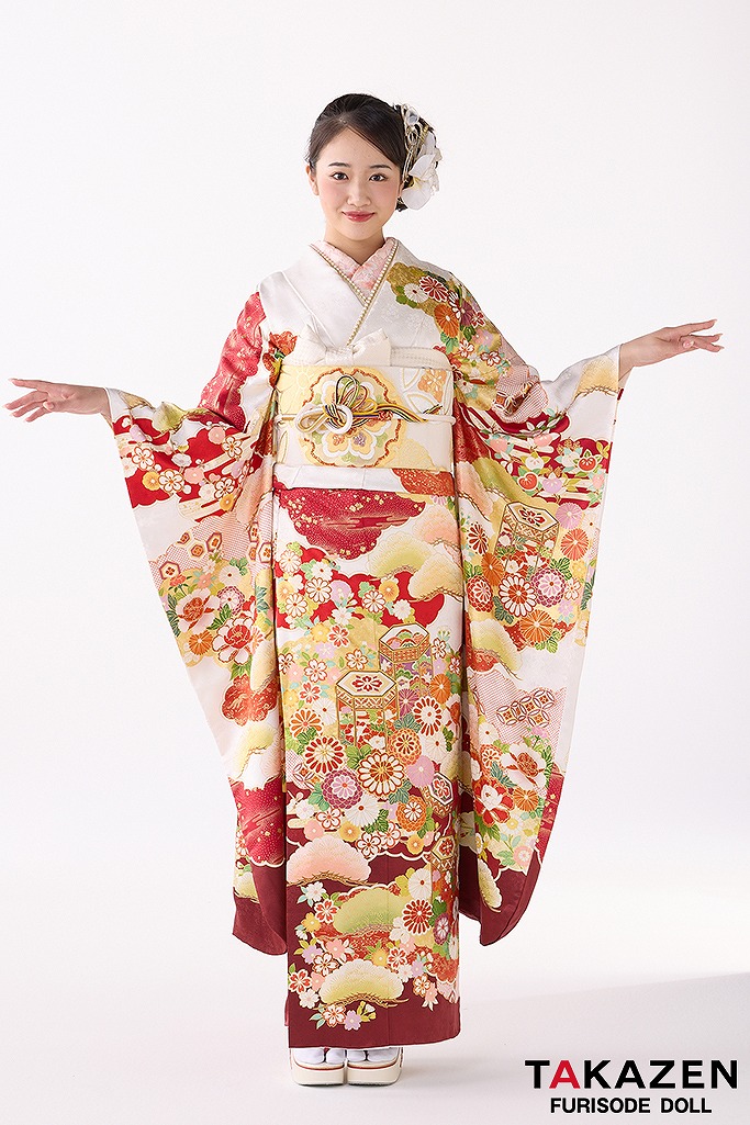 プレミアム古典　吉澤織物/最高級金彩手描友禅　白/赤　おしとやか　綺麗　人間国宝・吉田蓑助の世界　天翔愛　26026