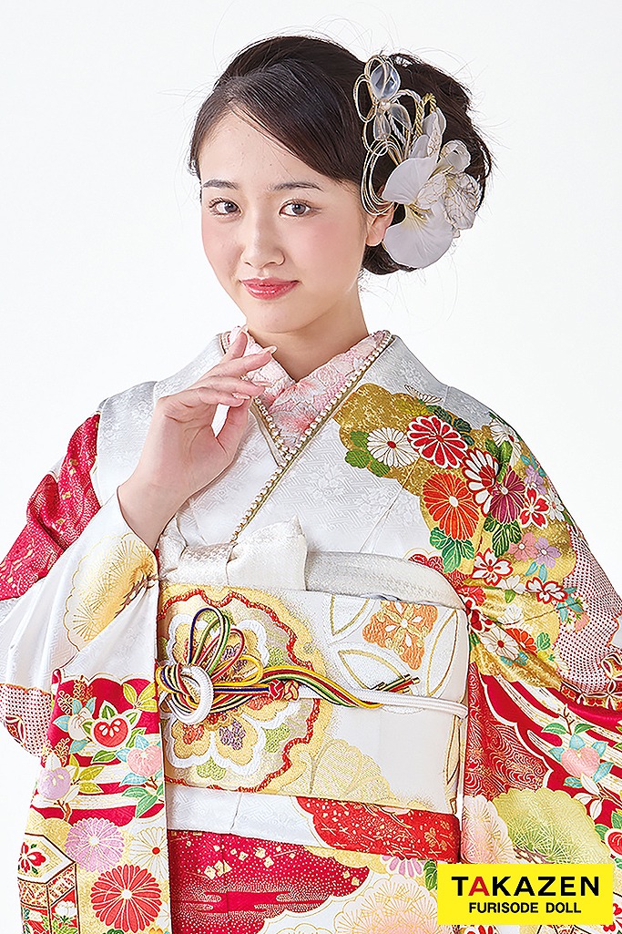 プレミアム古典　吉澤織物/最高級金彩手描友禅　白/赤　おしとやか　綺麗　人間国宝・吉田蓑助の世界　天翔愛　26026