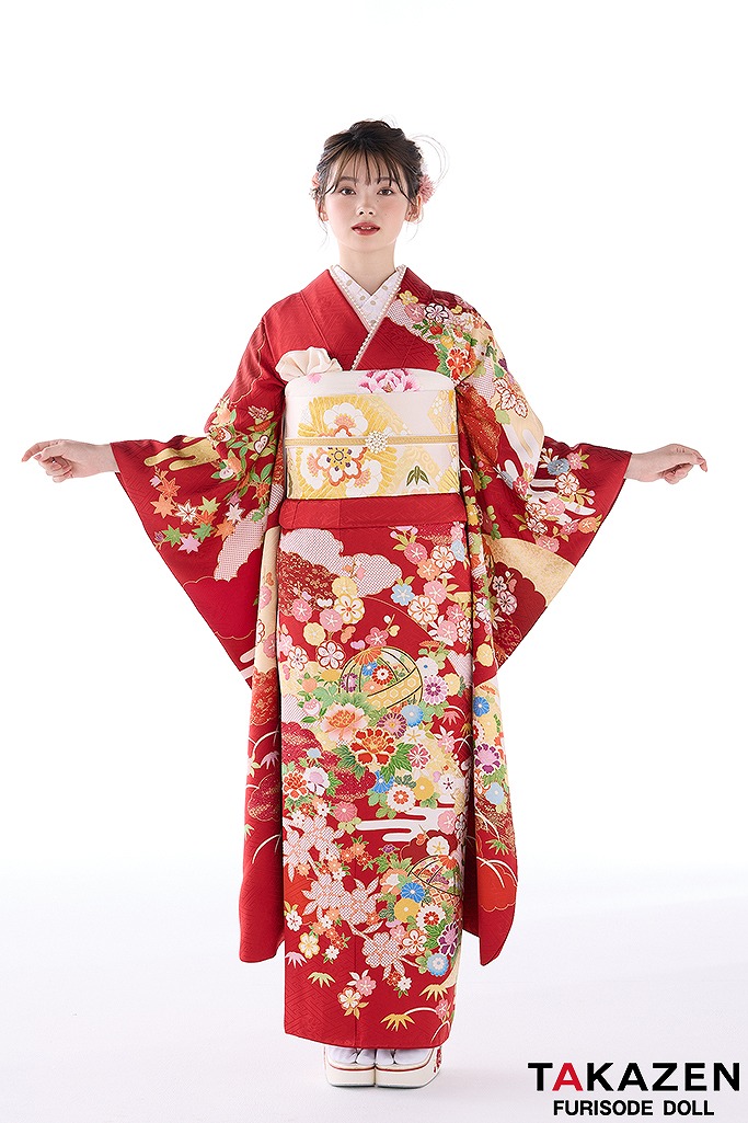 正統派古典　赤/ゴールド(金色)　最高級金彩手描友禅　上品　はんなり　可愛らしい振袖ネットレンタル　22008