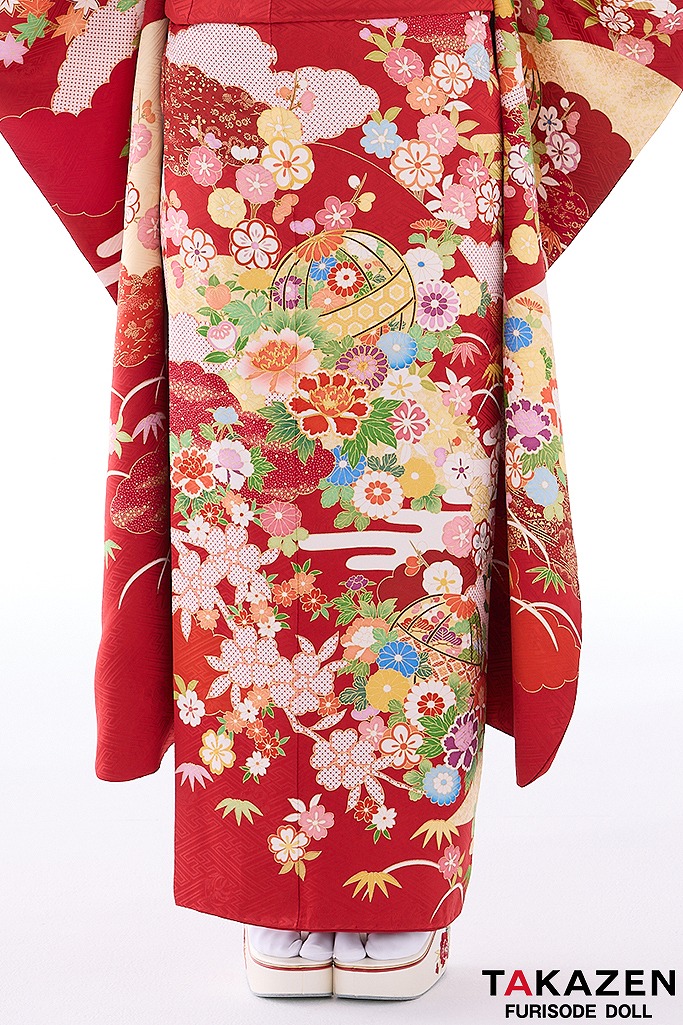 正統派古典　赤/ゴールド(金色)　最高級金彩手描友禅　上品　はんなり　可愛らしい振袖ネットレンタル　22008
