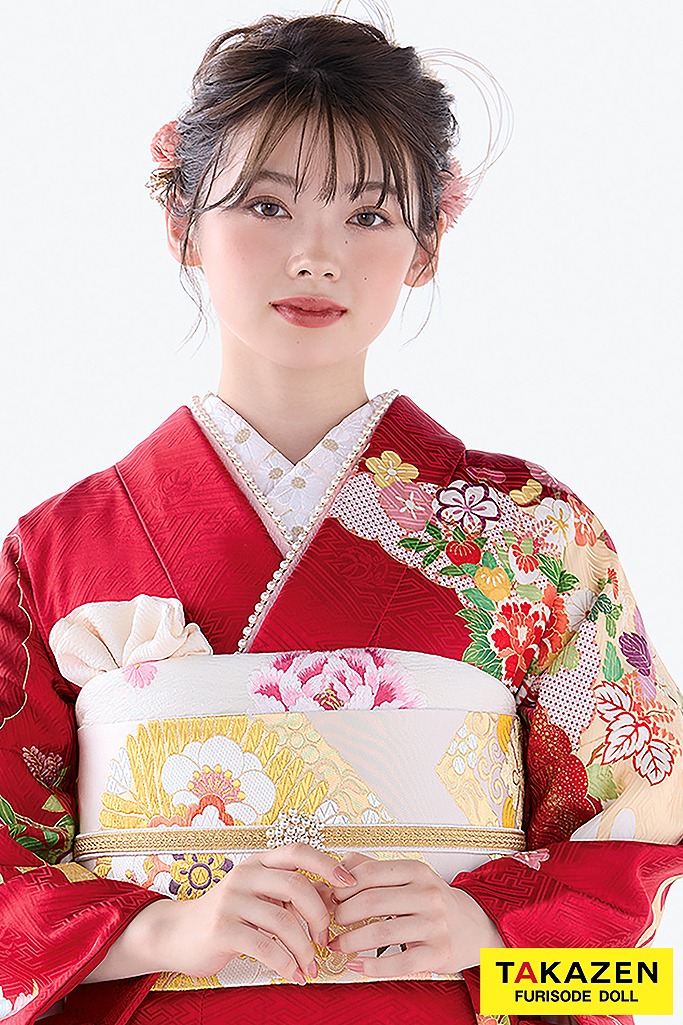 正統派古典　赤/ゴールド(金色)　最高級金彩手描友禅　上品　はんなり　可愛らしい振袖ネットレンタル　22008