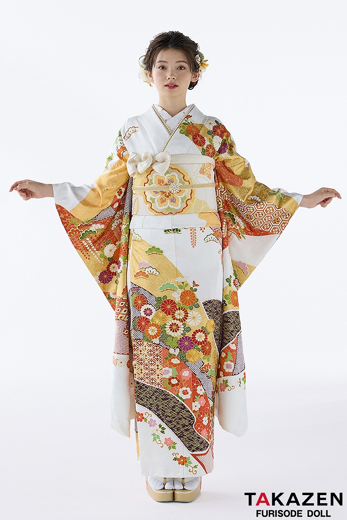 プレミアム古典　吉澤織物/逸品/最高級染繍桶絞り友禅　白エンジ　高級振袖　上品　柄小さめ　金駒刺繍　南琴奈　26029